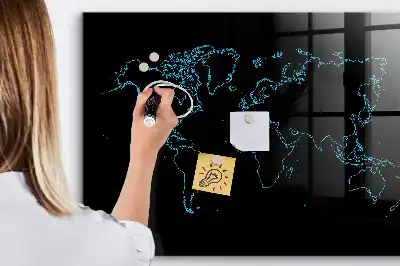 Glazen memobord met wereldkaartprint inclusief neodymium magneten