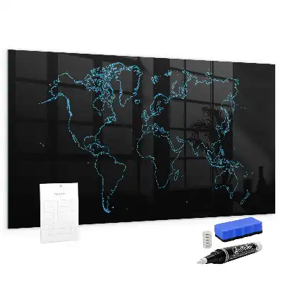 Glazen memobord met wereldkaartprint inclusief neodymium magneten