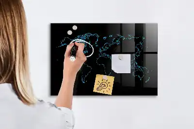 Glazen memobord met wereldkaartprint inclusief neodymium magneten