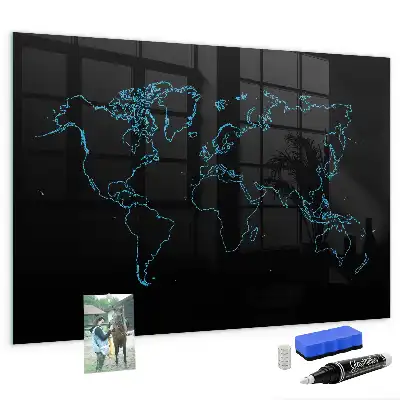 Glazen memobord met wereldkaartprint inclusief neodymium magneten