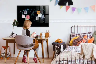 Glazen memobord met wereldkaartprint inclusief neodymium magneten