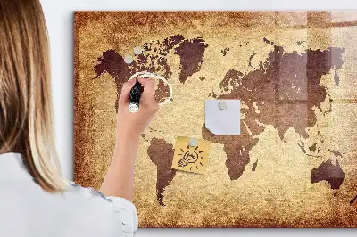 Magnetisch planbord van bedrukt glas met afbeelding van een oude wereldkaart