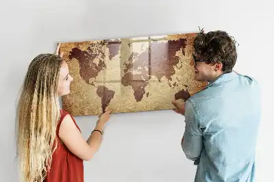 Magnetisch planbord van bedrukt glas met afbeelding van een oude wereldkaart