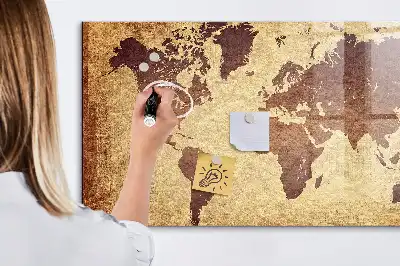 Magnetisch planbord van bedrukt glas met afbeelding van een oude wereldkaart