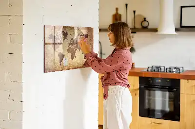 Magnetisch planbord van bedrukt glas met afbeelding van een oude wereldkaart