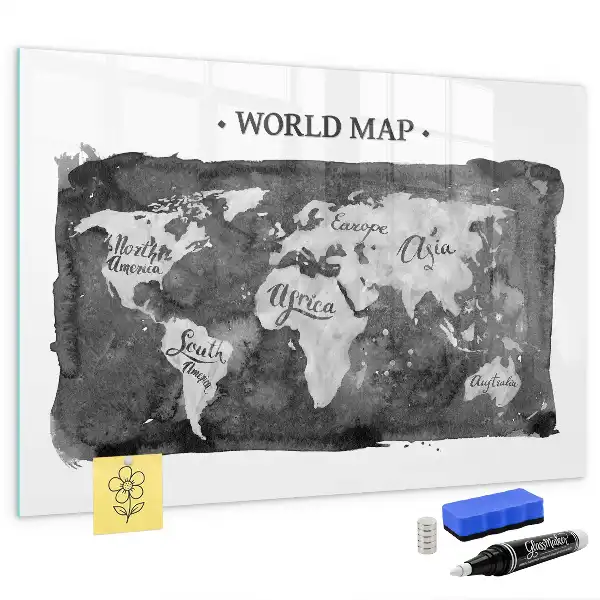 Glazen memobord met wereldkaartprint inclusief neodymium magneten