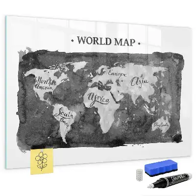 Glazen memobord met wereldkaartprint inclusief neodymium magneten