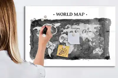 Glazen memobord met wereldkaartprint inclusief neodymium magneten