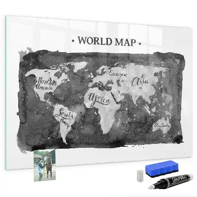 Glazen memobord met wereldkaartprint inclusief neodymium magneten