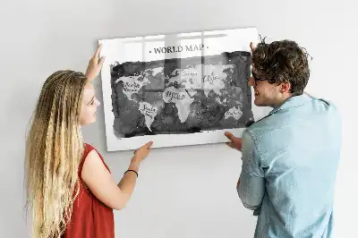 Glazen memobord met wereldkaartprint inclusief neodymium magneten