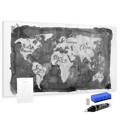 Glazen memobord met wereldkaartprint inclusief neodymium magneten