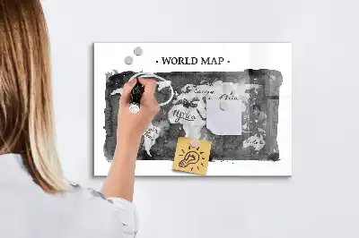 Glazen memobord met wereldkaartprint inclusief neodymium magneten