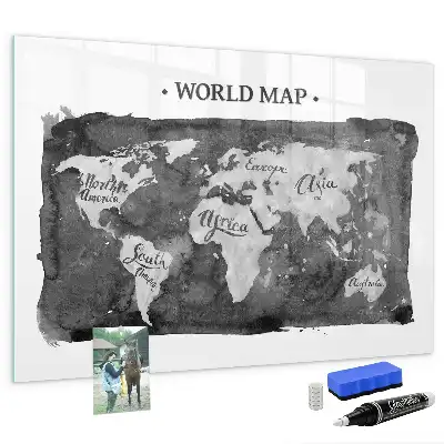 Glazen memobord met wereldkaartprint inclusief neodymium magneten
