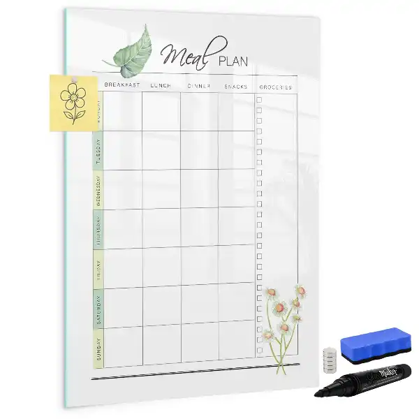 Magnetisch glazen memobord voor aan de muur met maaltijdplanner ontwerp