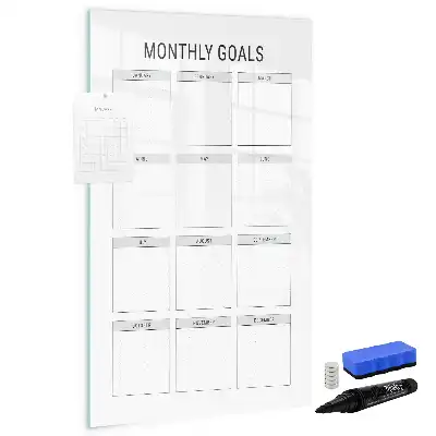 Magnetisch glazen memobord voor aan de muur met maandelijkse doelen