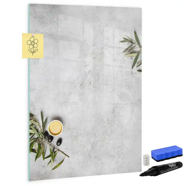 Glazen magneetbord met beton en olijven print beton en olijven