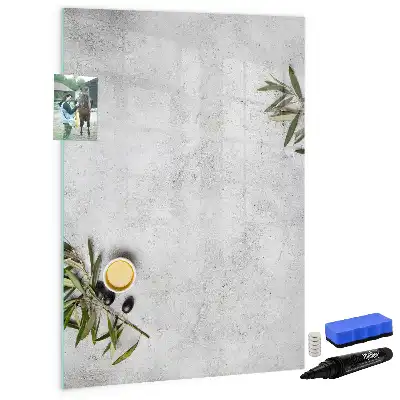Glazen magneetbord met beton en olijven print beton en olijven