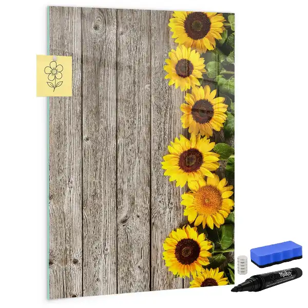 Glazen magneetbord met decoratieve print van zonnebloemen op hout