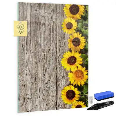 Glazen magneetbord met decoratieve print van zonnebloemen op hout