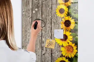 Glazen magneetbord met decoratieve print van zonnebloemen op hout