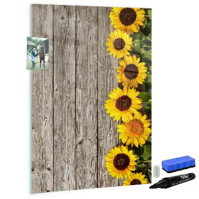 Glazen magneetbord met decoratieve print van zonnebloemen op hout