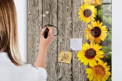Glazen magneetbord met decoratieve print van zonnebloemen op hout
