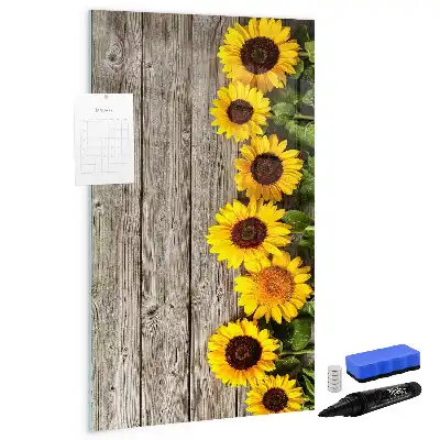 Glazen magneetbord met decoratieve print van zonnebloemen op hout