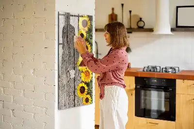Glazen magneetbord met decoratieve print van zonnebloemen op hout
