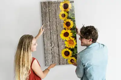 Glazen magneetbord met decoratieve print van zonnebloemen op hout