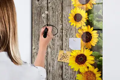 Glazen magneetbord met decoratieve print van zonnebloemen op hout