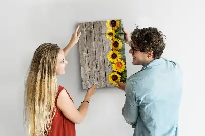 Glazen magneetbord met decoratieve print van zonnebloemen op hout