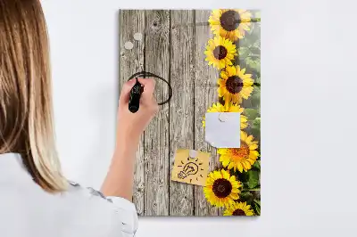 Glazen magneetbord met decoratieve print van zonnebloemen op hout