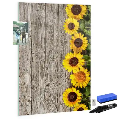 Glazen magneetbord met decoratieve print van zonnebloemen op hout