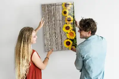 Glazen magneetbord met decoratieve print van zonnebloemen op hout
