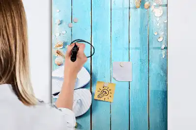 Glazen magneetbord met decoratieve print met blauwe strandplanken
