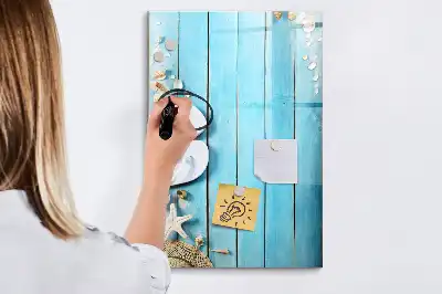 Glazen magneetbord met decoratieve print met blauwe strandplanken
