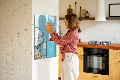 Glazen magneetbord met decoratieve print met blauwe strandplanken
