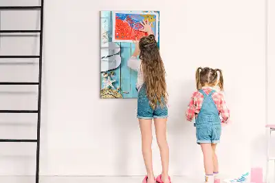 Glazen magneetbord met decoratieve print met blauwe strandplanken