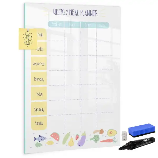 Magnetisch glazen memobord voor aan de muur weekplanner voor maaltijden