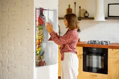 Glazen magneetbord met decoratieve print van groenten op hout