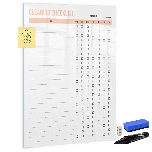 Glazen magneetbord met decoratieve print schoonmaaklijst