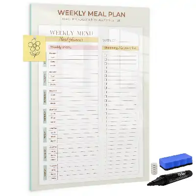 Glazen magneetbord met maaltijdplan voorzien van decoratieve print