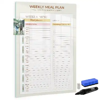 Glazen magneetbord met maaltijdplan voorzien van decoratieve print