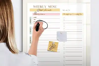 Glazen magneetbord met maaltijdplan voorzien van decoratieve print