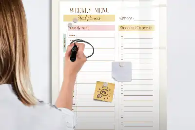 Glazen magneetbord met maaltijdplan voorzien van decoratieve print