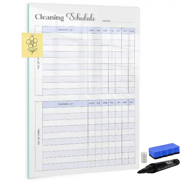Glazen magneetbord met decoratieve print met schoonmaakschema