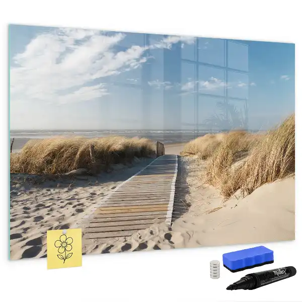 Magnetisch glazen schrijfbord met strandzicht voor notities en foto's