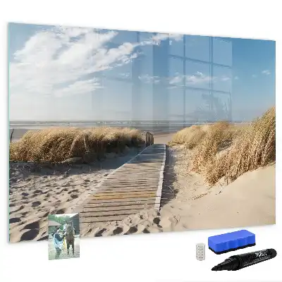 Magnetisch glazen schrijfbord met strandzicht voor notities en foto's
