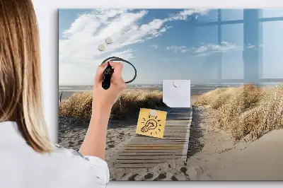 Magnetisch glazen schrijfbord met strandzicht voor notities en foto's