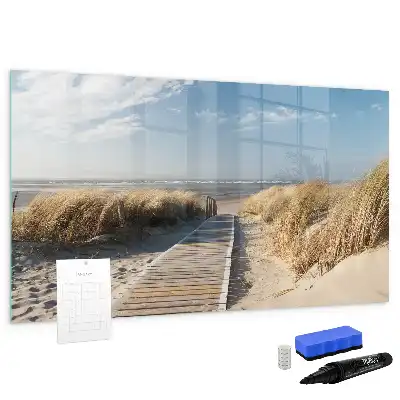 Magnetisch glazen schrijfbord met strandzicht voor notities en foto's
